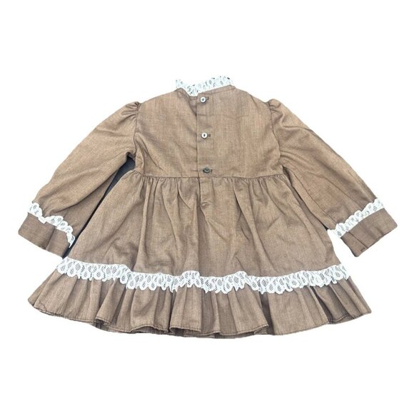 VTG Polly Flinders Brown Smocked Lace Floral Long Sleeve Button Back Dress Sz 3T - Picture 7 of 8